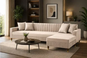 4 Seater L Shape Cream Suede Velvet Fabric Sofa Set 2 sofa set